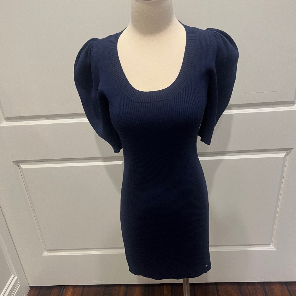Ted Baker London Dollra Scoop Neck Short Bodycon Navy Knit Puff Slv Dress sz 2